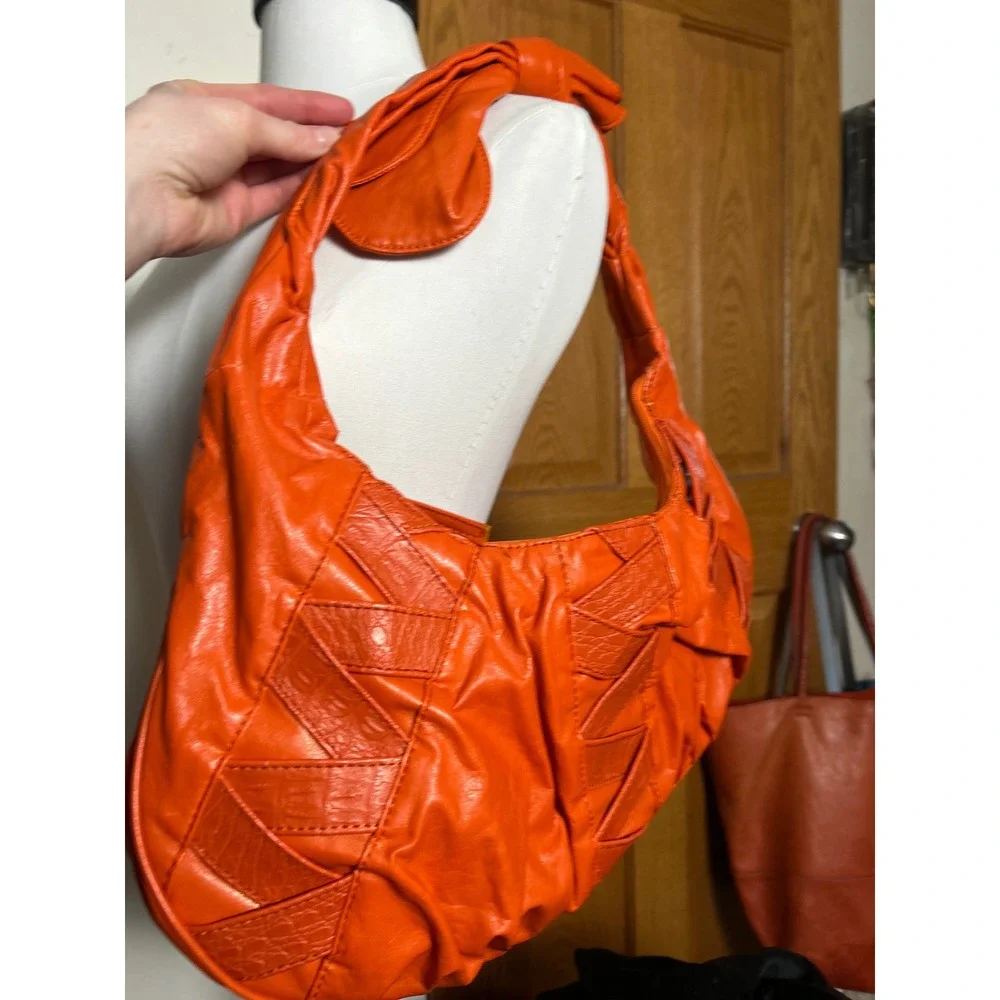 Y2K Orange Slouchy Hobo Shoulder Bag Bow‎ Detail Textured Statement